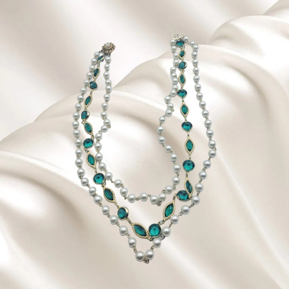 Triple Layer Necklace w/ Faux Pearls & Green Glass Beads